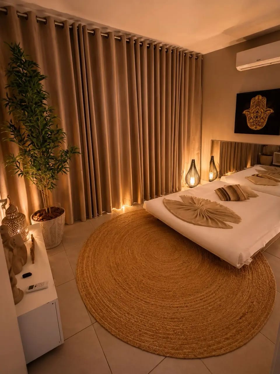 Suíte do Aruna SPA com cortinas, iluminação suave e toalhas preparadas
