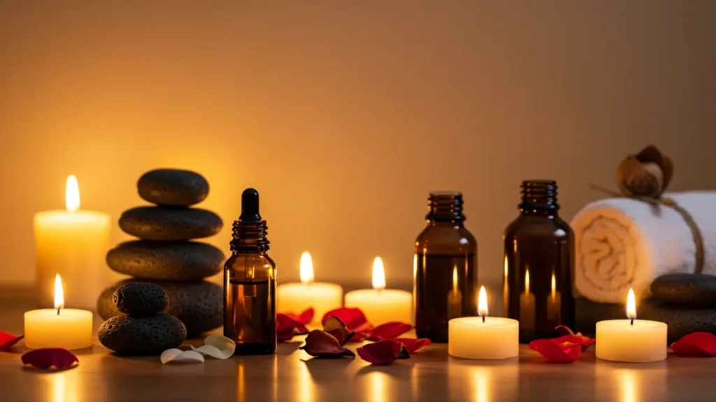 Ambiente terapêutico com velas, óleos essenciais e elementos zen para massagem lingam e bem-estar