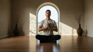 Homem meditando representando autoconhecimento e crescimento pessoal através do tantra