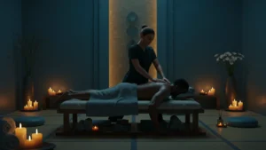 Imagem ultra-realista de uma massagista feminina realizando uma massagem Lingam em um homem negro, deitado em uma cama de SPA, cercado por luz suave, velas e elementos de aromaterapia.