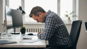 Pessoa com má postura no computador desenvolvendo tensão no ombro e dor muscular