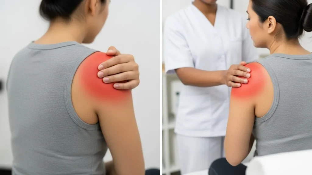 Pessoa com dor no ombro sendo tratada com massagem terapêutica para alívio da dor