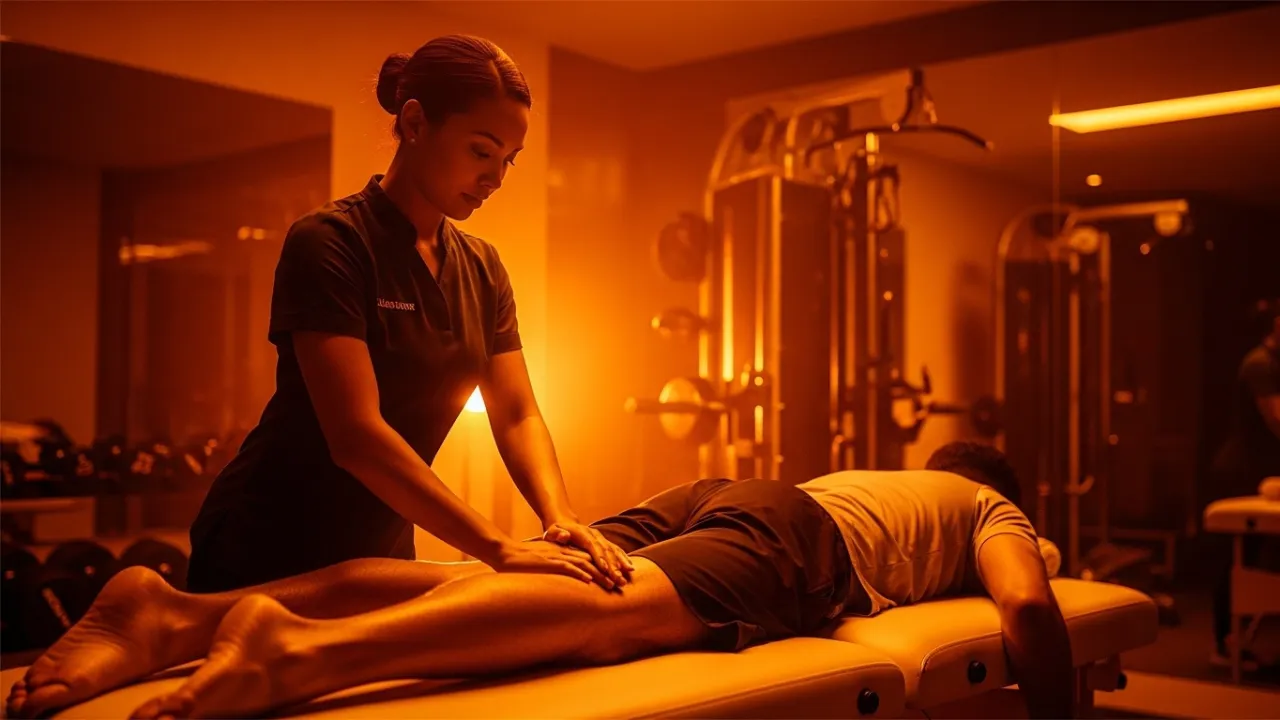 Terapeuta realizando massagem pré-treino em atleta no Aruna SPA Campinas