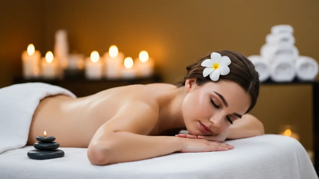 Mulher recebendo massagem relaxante para vida sem estresse em spa com ambiente sereno