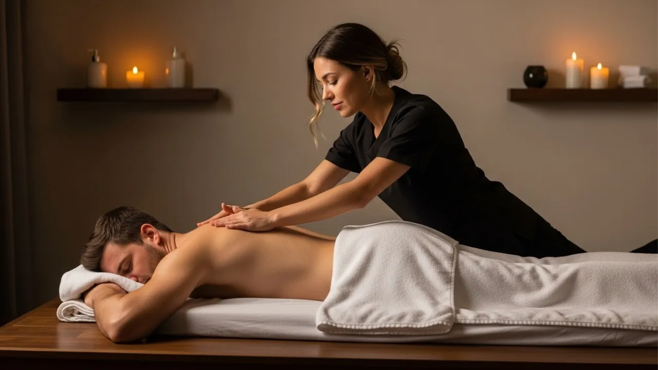 Massagem relaxante sendo aplicada por terapeuta profissional do Aruna em ambiente tranquilo e aconchegante em Campinas, com óleos essenciais e decoração zen