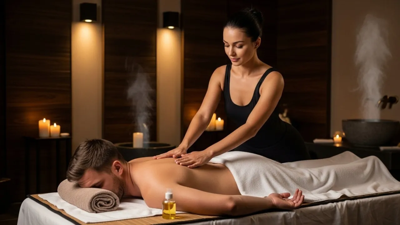 Massagem tântrica em Campinas com Aruna - ambiente relaxante com velas e óleos essenciais para terapia holística